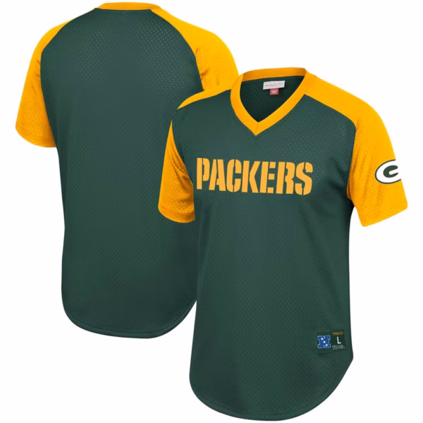 Green Bay Packers Mitchell & Ness Final Second Mesh Raglan V-Neck T-Shirt