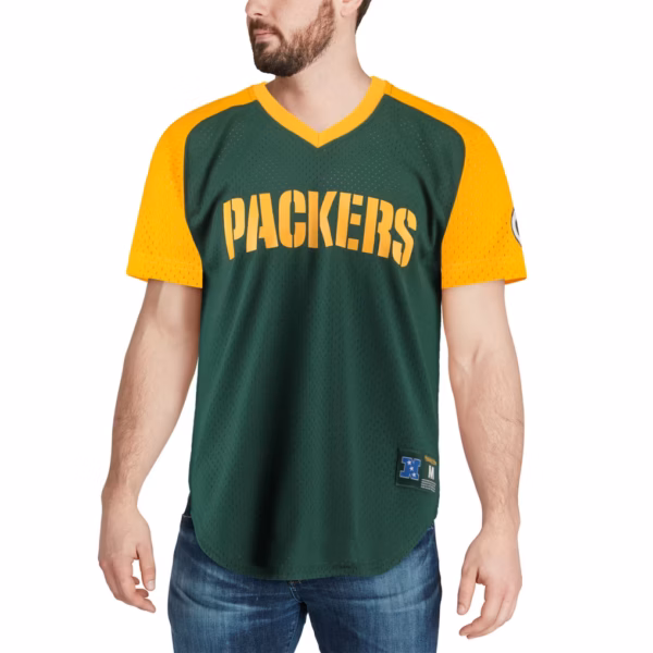 Green Bay Packers Mitchell & Ness Final Second Mesh Raglan V-Neck T-Shirt